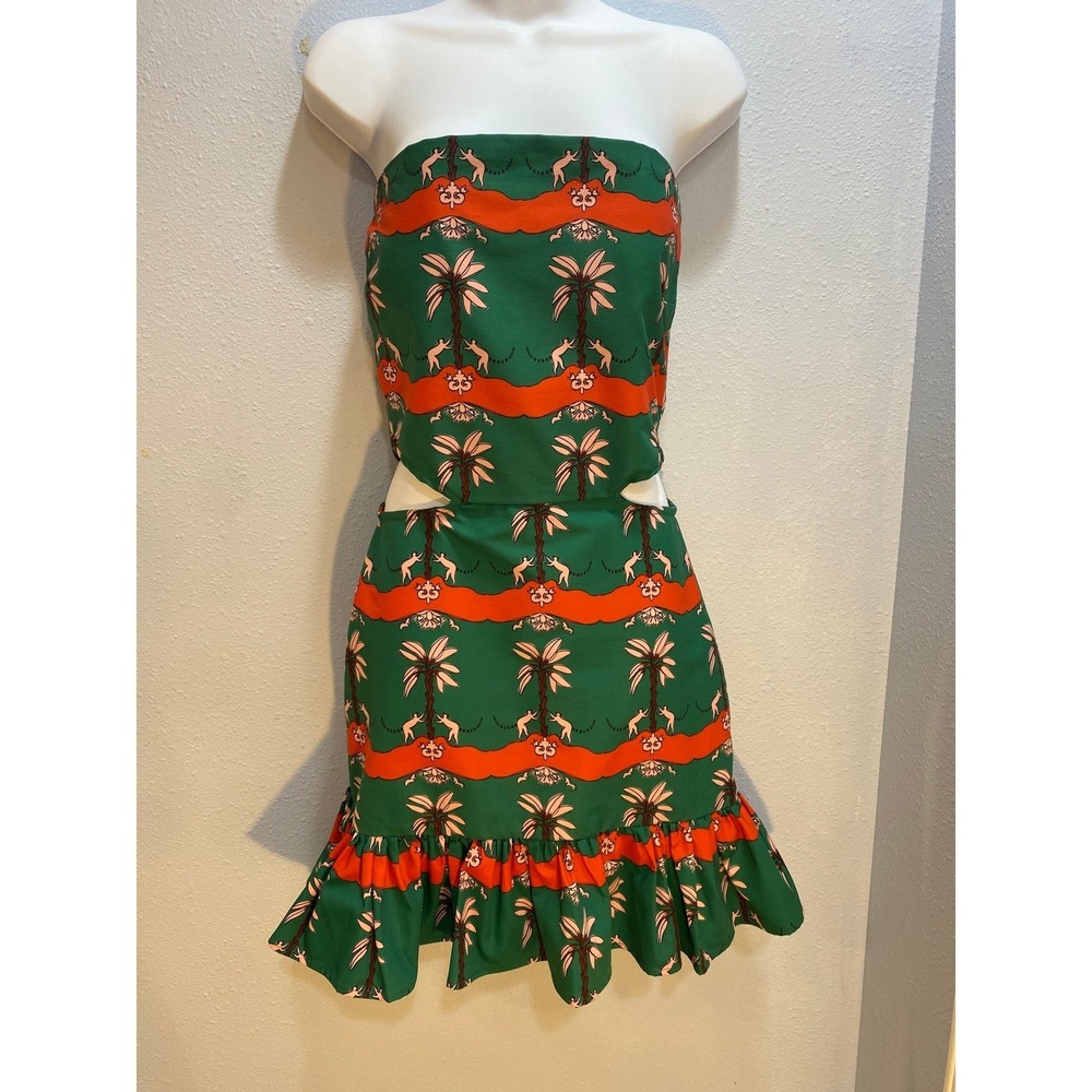Strapless Mini Dress Cutout Green Orange Palm Novelty‎ Print Party XS